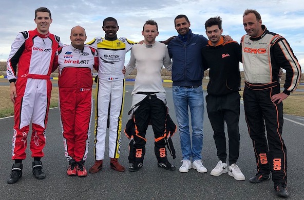 Les pilotes issus des trois catégories avec, de g. à dr., Pierre Loubère, Benoît Portmann, Craig Tanic, Laurent Marchandise, Paul David, Jean Nomblot et Benjamin Tant (Photo FFSA Karting)