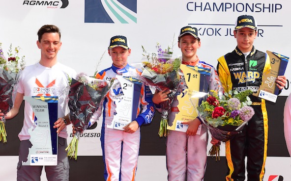 jamie Day, vainqueur du Grand Prix de Suède Junior 2019 devant Marcus Amand. A g., on reconnaît son team manager Jordon Lennox-Lamb