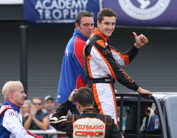 Cédric Goudant a déjà obtenu un titre mondial avec Tony Kart et Vortex, c'était en KZ2 en 2015 avec Thomas Laurent. Joel Johansson (à g.) et Pedro Hiltbrand n'avaient rien pu faire !