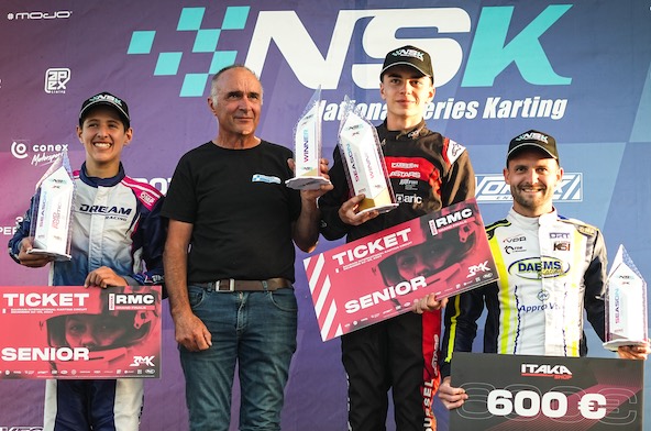 Deux qualifiés pour Bahreïn en Rotax Senior: Jules Roussel, Champion NSK 2023 et Adam Rahali, malgré le talent et l'expérience de Paul Fourquemin (à dr.)