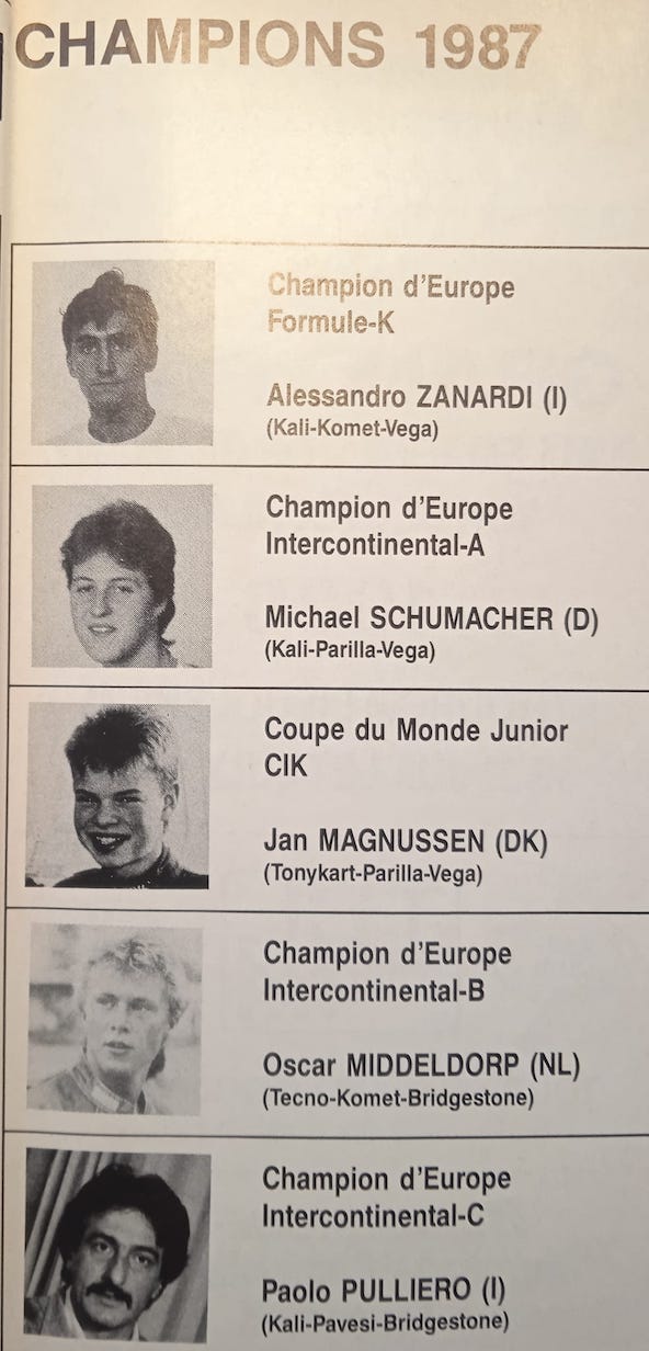 En 1987, Michael Schumacher devenait Champion d'Europe ICA et Jan Magnussen remportait la Coupe du Monde Junior à Laval