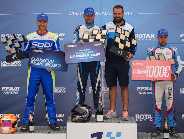 Normann Crochet gagne la NSK en Rotax Master devant Anthony Delcurou (à g.) et Jérémy Brassler